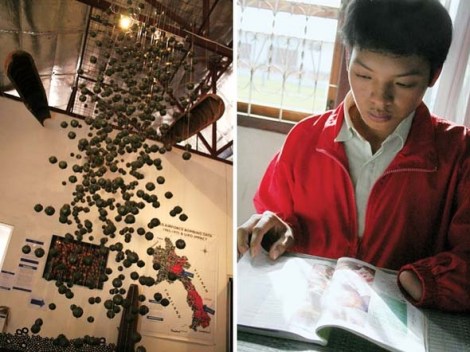 라오스 불발탄 사고의 대부분을 차지하는 집속탄 ‘BLU 26’ 투하 장면을 모형화 해놓은 전시장. 큰 �탄 안에 수많은 작은 �탄이 들어 있는 집속탄은 살상 반경이 대단히 넓다(왼쪽). 샹쾅에 사는 톰미 실람판(19)은 12년여 전 대나무 죽순을 캐다가 땅속 깊이 박힌 집속탄 �발 사고로 왼손을 잃었다. (Photo by Lee Yu Kyung)