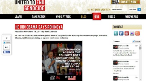 제노사이드종식연합(UEG)은 오바마 대통령의 두번째 버마 방문길에 몇 주 앞서 #Say Rohingya  즉, 로힝야 호명 캠페인을 벌였다. (UEG  사이트 갈무리) 